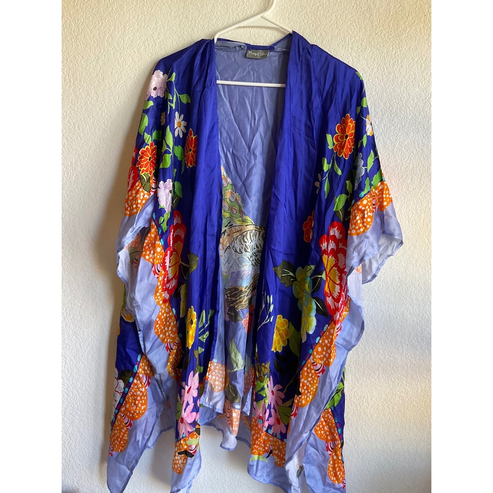 Margot Elena Royal Blue Peacock Floral Open Front Kimono Wrap One Size